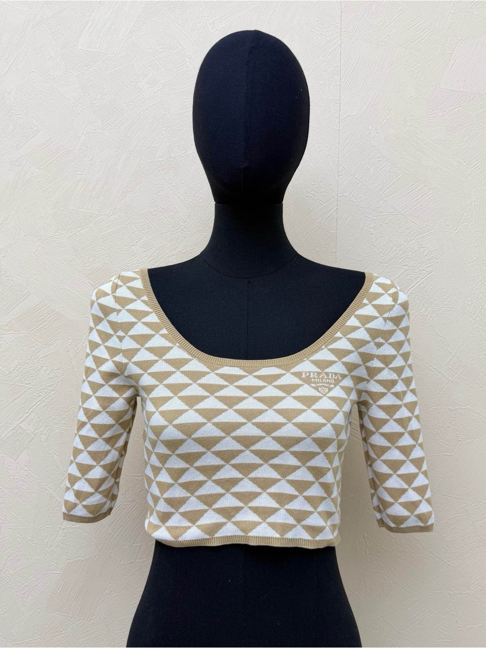 Prada Beige & White Geometric Crop Top
